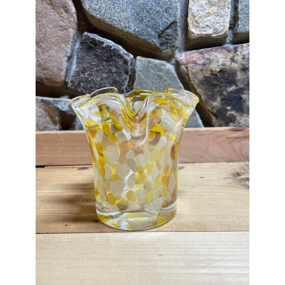 Handblown Glass Candle Holder/Vase - Yellow White Tan Scalloped - Picture 1 of 8